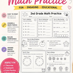 Puede incluir: Una hoja de ejercicios de matemáticas de segundo grado imprimible con seis secciones sobre suma, resta, conteo, problemas, tiempo y dinero. Incluye líneas para nombre y fecha, ilustraciones de estrellas y abejas, y una pregunta de desafío en la parte inferior.
