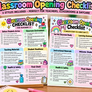 May include: Two printable classroom opening checklists on 21.6 cm by 27.9 cm paper. Each sheet features colourful sections with checkboxes for tasks like Before Students Arrive, Teaching Materials, Health and Safety, and Final Check.