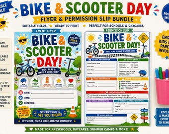 Bike and Scooter Day Bundle Printable | Daycare Event Flyer & Permission Slip | Preschool Summer Activity | School Event Forms PDF