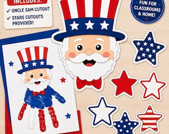 Uncle Sam Handprint Craft Printable | 4th of July Preschool Craft | Patriotic Handprint Activity | Independence Day Kids Craft | Summer Camp
