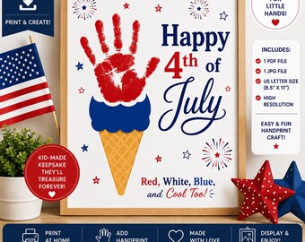 4th of July Ice Cream Handprint Craft Printable | Patriotic Preschool Activity | Red White Blue Keepsake | Instant Download PDF