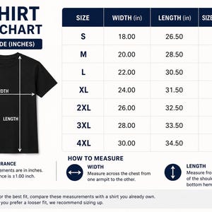 May include: A black t-shirt size chart with measurements in inches. The chart includes sizes S to 4XL, with width measurements from 18.00 to 30.00 inches and lengths from 26.50 to 34.50 inches. Size tolerance is &plusmn;1.00 inch.