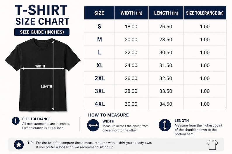 May include: A black t-shirt size chart with measurements in inches. The chart includes sizes S to 4XL, with width measurements from 18.00 to 30.00 inches and lengths from 26.50 to 34.50 inches. Size tolerance is &plusmn;1.00 inch.