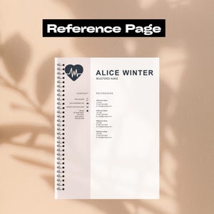 Puede incluir: Una página de referencia encuadernada en espiral con el texto "Reference Page" en la parte superior. La página presenta un gráfico en forma de corazón con una línea de latido, información de contacto y una lista de referencias. El nombre "Alice Winter, Registered Nurse" se muestra de forma destacada.