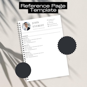 May include: A white reference page template with the text "Reference Page Template" at the top. The template includes a photo, name, and contact information. The page is spiral-bound and includes a section for references.