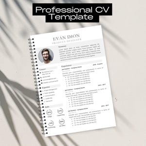 May include: A professional CV template with the text "Professional CV Template" at the top. The template includes sections for contact information, expertise, skills, and work experience. The design is clean and modern, with a headshot and a spiral binding.