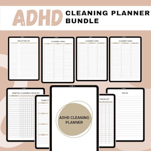May include: An ADHD Cleaning Planner bundle featuring multiple digital pages with black borders. The pages include a declutter list, cleaning tasks, monthly cleaning checklists, a yearly calendar, and notes. The central page displays the text ADHD CLEANING PLANNER.