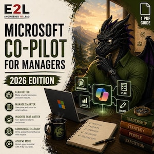 May include: A digital guide titled Microsoft Co-Pilot for Managers 2026 Edition featuring a black dragon character in glasses at a desk with a laptop, a mug, a notebook, and a stack of books labeled Leadership, Strategy, People, and Execution.