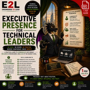 Può includere: Guida illustrata "Presenza Esecutiva per Leader Tecnici" con un personaggio drago in giacca e cravatta. La guida tratta di comunicazione, influenza e leadership. Include un laptop, una tazza da caffè e una lista di controllo. Disponibile in 1-PDF.