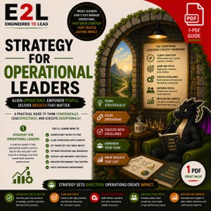 May include: A digital graphic promoting leadership strategy, featuring a dragon reading a book. The image includes text about aligning operations, empowering people, and delivering results. A PDF guide is also advertised.