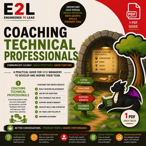 Puede incluir: Una guía digital titulada "Coaching Technical Professionals" con una combinación de colores verde y marrón. La guía incluye texto e ilustraciones sobre coaching, liderazgo y desarrollo de equipos. Un dragón negro con alas moradas lee un libro.