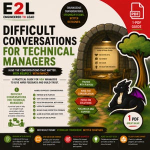 May include: A colorful infographic titled "Difficult Conversations for Technical Managers" with a dragon illustration. The guide offers advice on handling tough conversations, building strong teams, and improving outcomes. Includes a 1-PDF guide.