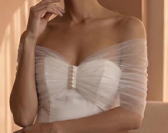 Bridal tulle bolero shrug, Bridal pearl shrug, Wedding tulle shrug, Bridal off shoulder wrap, Pearl bridal shawl, Bridal dress coverup