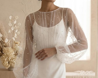 Sobretudo para vestido de noiva com mangas, Sobretudo para vestido de noiva com pérolas, Sobretudo para vestido de noiva em tule, Sobretudo transparente para noiva com mangas bufantes, Blusa transparente para noiva