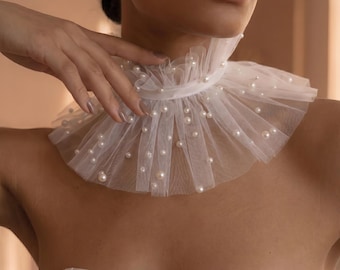 Collana di perle in tulle, gorgiera di perle, collana di tulle da sposa, colletto a balze staccabile, collana girocollo di perle trasparente, accessorio da matrimonio