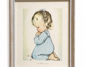 Lámina vintage de Charlotte Byj con la oración infantil, enmarcada, de temática religiosa para guardería.