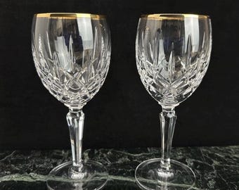 Juego de 2 copas de agua de cristal dorado Gorham Lady Anne – Diseño tallado facetado