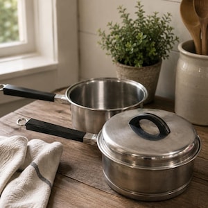 May include: Two stainless steel saucepans with black handles. One saucepan is open, and the other is covered with a matching stainless steel lid featuring a black handle. The pans have a metallic finish and a simple, functional design for cooking.