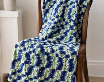 Manta afgana vintage hecha a mano de ganchillo azul y verde estilo Grannycore Cottagecore