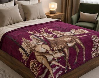 Manta coreana vintage de visón con estampado de ciervos y fauna silvestre, color burdeos, ideal para la decoración de cabañas.