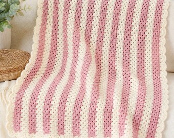 Vintage Pink Cream Crochet Baby Blanket Throw Cottagecore Grannycore Handmade