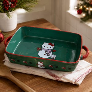 Hello Kitty Rectangle Baking Dish Christmas Snowman Green Sanrio Ceramic Pan