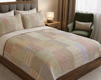 Conjunto de colcha Ralph Lauren American Living tamanho King, modelo patchwork, com 2 fronhas padrão.