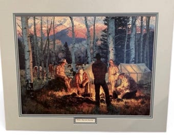 Litografía del Oeste de Claire Goldrick titulada “Frijoles, carne y fanfarronería”.