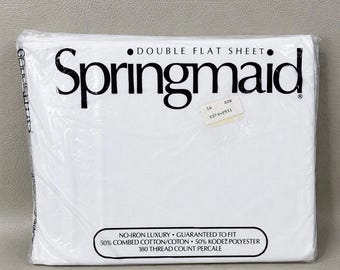Sábana plana vintage Springmaid tamaño matrimonial, blanca, mezcla de algodón, nueva, fabricada en EE. UU.