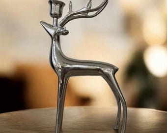 Pottery Barn Silver Reindeer Candle Holder Holiday Decor Rustic Glam Deer