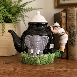 Vintage Dept 56 Elephant Teapot, Safari Jungle Explorer Teapot, Figural Ceramic Tea Pot, Elephant Kitchen Decor, Collectible Teaware