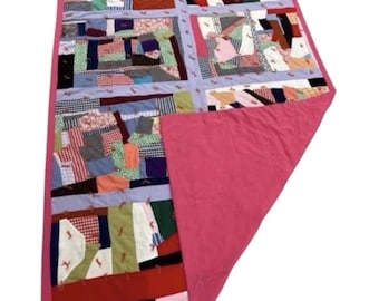 Manta vintage Crazy Quilt, patchwork de saco de pienso, estilo cottagecore, hecha a mano, 88x57