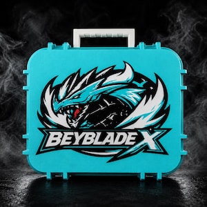 May include: A turquoise plastic carrying case with a white handle. The case features a graphic of a dragon with white and blue accents and the text "BEYBLADE X". The case has a rectangular shape with rounded corners.