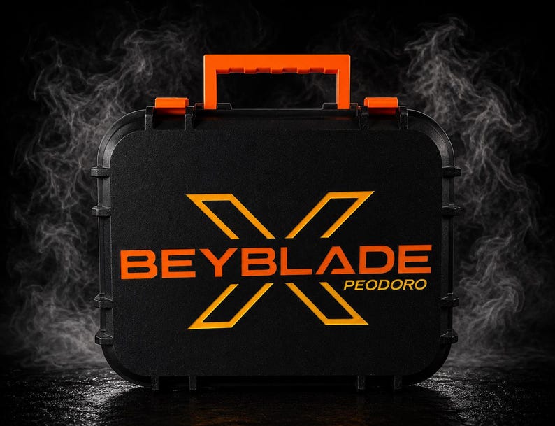 May include: Black carrying case with orange handle and accents. The case features the text "BEYBLADE X PEODORO" in orange and yellow. The case has a rectangular shape with rounded corners.