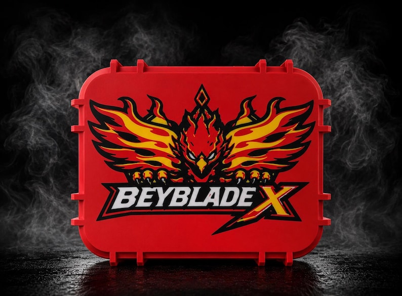May include: A red rectangular case with a stylized phoenix design in yellow and orange. The text "BEYBLADE X" is displayed in white with a black outline. The case has a latching mechanism.