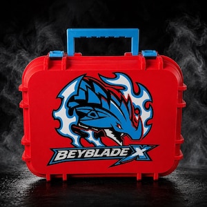 May include: Red plastic carrying case with a blue handle and accents. The case features a graphic of a blue and white dragon with the text "BEYBLADE X" in a stylized font. The case is designed to store and transport Beyblade toys.