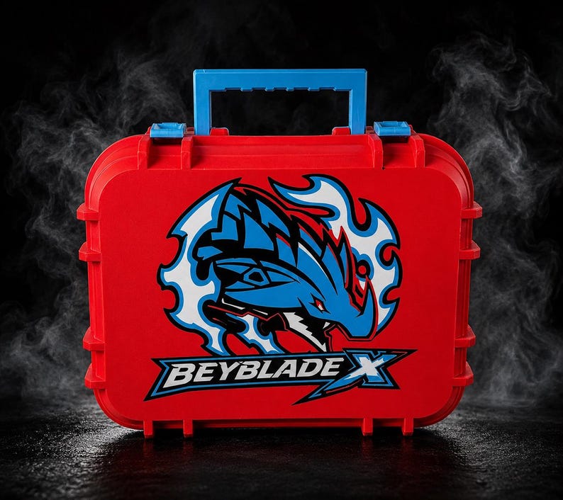 May include: Red plastic carrying case with a blue handle and accents. The case features a graphic of a blue and white dragon with the text "BEYBLADE X" in a stylized font. The case is designed to store and transport Beyblade toys.