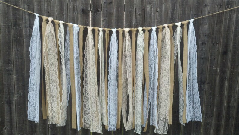 Wedding Burlap and Lace Garland, Size 4 ft wide X 3 ft long, Photo backdrop hanging wedding decorations, backdrop for bridal or baby showers 