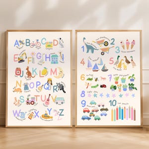 May include: Two educational wall posters featuring a colorful alphabet chart with illustrations from A to Z and a number chart from 1 to 10 with corresponding objects. The alphabet poster displays letters with words like Aeroplane, Bicycle, and Zebra. The number poster shows digits with items like dinosaurs, sailboats, and pencils.