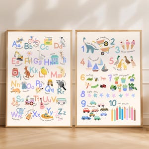 May include: Two educational wall posters in light wooden frames. The left poster displays the alphabet from A to Z with colourful illustrations and labels for each letter. The right poster features numbers 1 to 10 with corresponding illustrations.