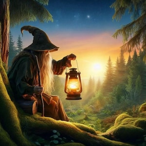 May include: An elderly figure with a long white beard wears a dark green pointed hat and robe while holding a wooden staff and a glowing metal lantern. The scene is set in a forest with mossy tree roots during a sunset with a bright orange sky.