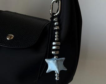 Handmade Metallic Blue Unique-Shaped Clay Bag Charm | Silver Beaded Purse Charm