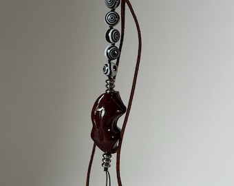 Handmade Abstract Clay Bag Charm | Black Silver Beaded Tassel Keychain