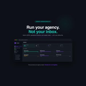 May include: Dark background with the text "AGENCY OPERATIONS KIT" and "Run your agency. Not your inbox." A computer screen displays a dashboard with progress bars and data. The text "Built-in SOPs, operations timeline, and master index" is also visible.