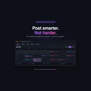 Puede incluir: Interfaz oscura de un planificador de calendario de contenido con el texto "Post smarter. Not harder." El calendario muestra el mes de mayo de 2026, con entradas codificadas por colores. También se ve el texto "Planifica un mes completo de contenido en menos de una hora".