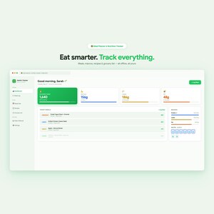 Puede incluir: Una interfaz digital de planificador de comidas y rastreador de nutrición en una pantalla. El panel muestra la ingesta diaria de calorías, barras de progreso de macronutrientes, una lista de comidas y el texto Eat smarter. Track everything.