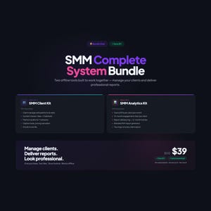 Puede incluir: Imagen oscura que promociona el "SMM Complete System Bundle" con texto blanco y morado. Ofrece dos herramientas offline para gestionar clientes y entregar informes profesionales. El precio es de 39 $.