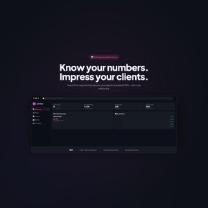 Könnte beinhalten: Eine dunkel gehaltene Softwareoberfläche mit dem Text "Know your numbers. Impress your clients." Die Oberfläche zeigt Datenvisualisierungen und den Text "Track KPIs, log monthly reports, and export branded PDFs -- all in one offline file."