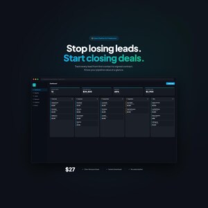Puede incluir: Un panel digital oscuro con el texto "Stop losing leads. Start closing deals." El panel muestra datos de la tubería de ventas, incluyendo números, porcentajes y cantidades. El precio es de 27 $.