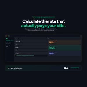 Puede incluir: Fondo oscuro con texto: "Calcula la tarifa que realmente paga tus facturas." Una interfaz de calculadora muestra las tarifas por hora. El texto "24 € - Compra única" está en la parte inferior. La interfaz muestra tarifas por hora mínimas, recomendadas y premium.